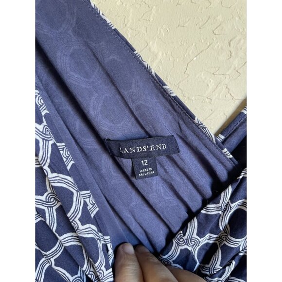 Lands End Size 12 Navy Blue Cream Abstract Geometric Cotton Knee Length Dress Sl - Picture 6 of 7